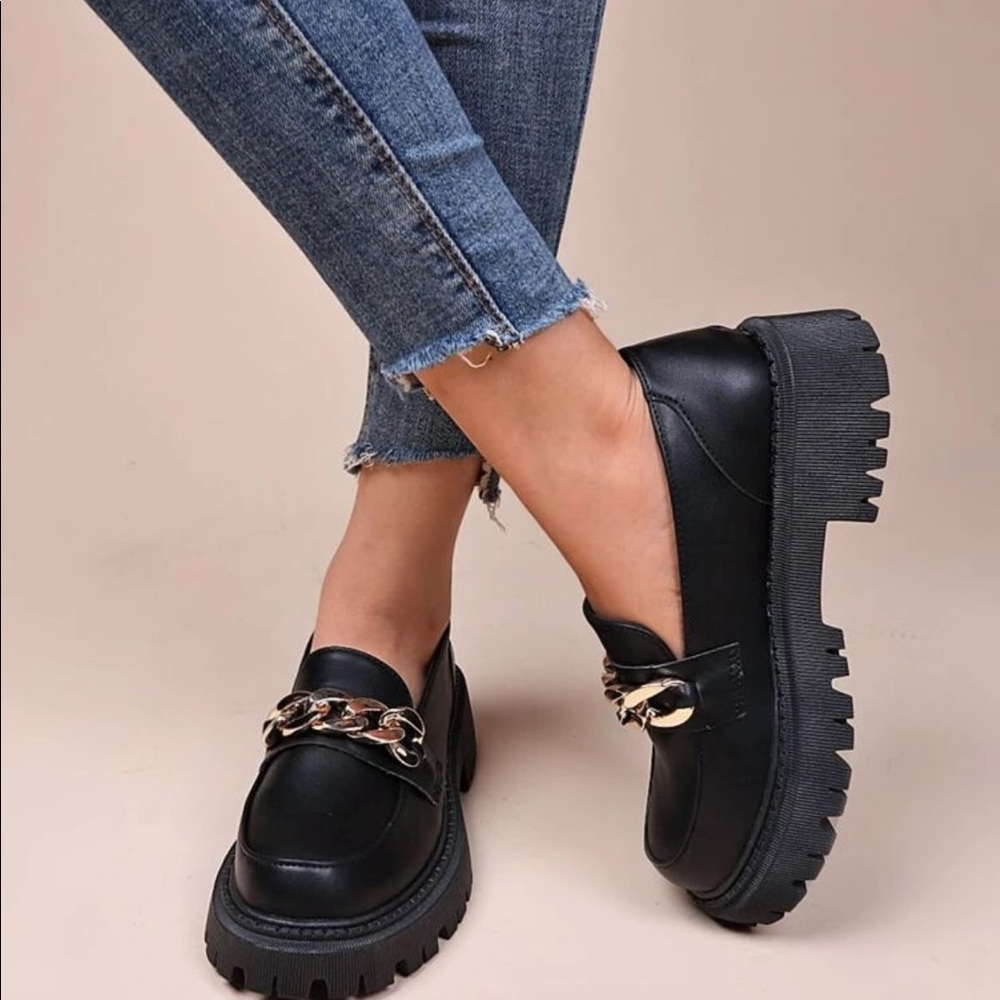 Black Gold Chain Platform Penny Loafers